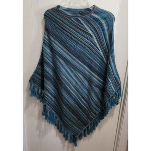 Shupaca Women's 100% Alpaca Poncho Multi Blue Knit Fringe‎ Hem One Size